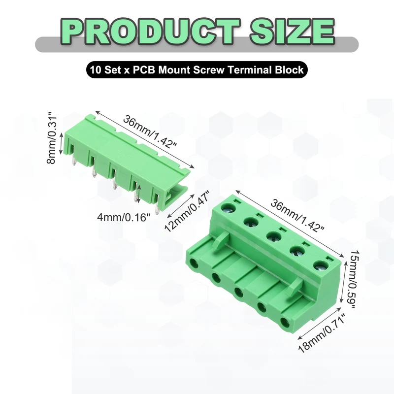 10Sets 5Pin 7.62mm Pitch Screw Terminal Block Connector, Open‑end Bent Pin