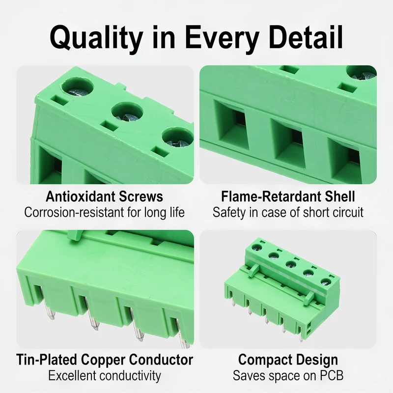 10Sets 5Pin 7.62mm Pitch Screw Terminal Block Connector, Open‑end Bent Pin