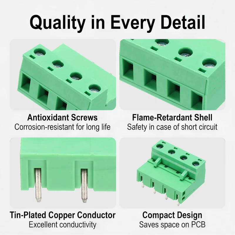 10Sets 4Pin 7.62mm Pitch Screw Terminal Block Connector, Open‑end Bent Pin