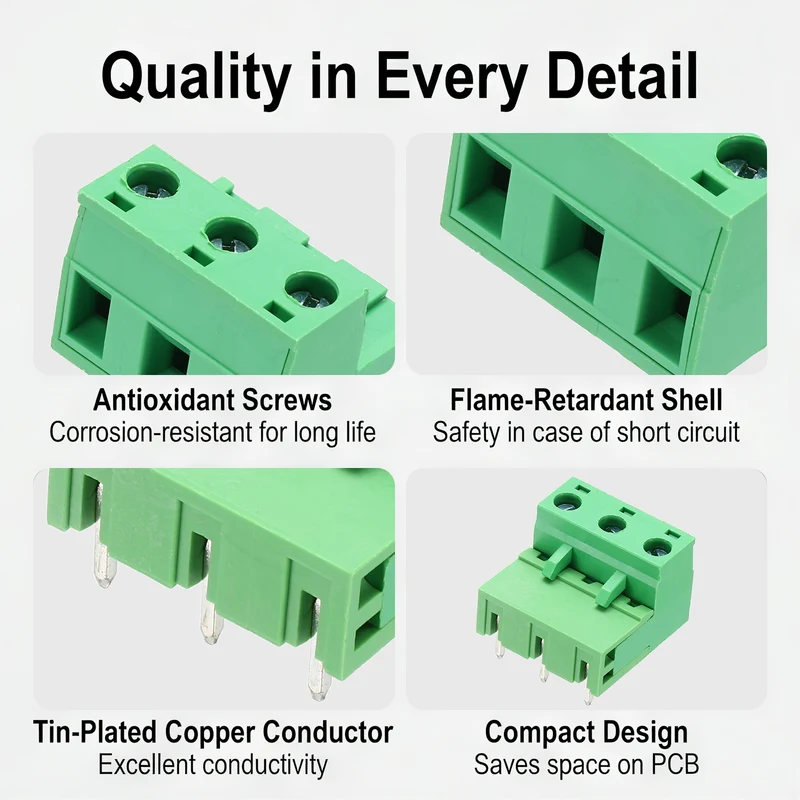 10Sets 3Pin 7.62mm Pitch Screw Terminal Block Connector, Open‑end Bent Pin