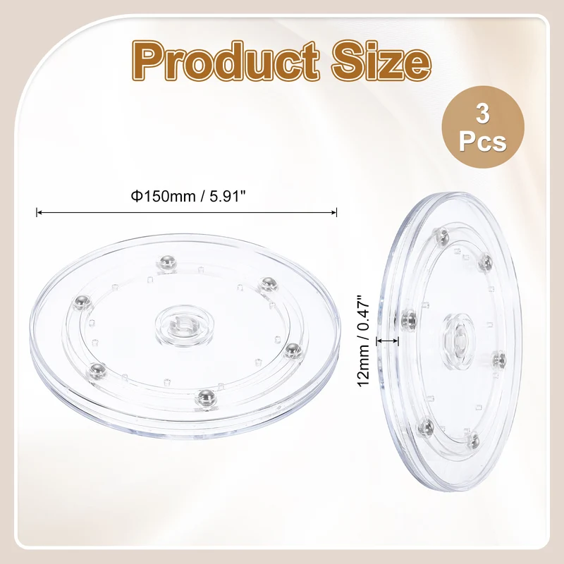3Pack Acrylic Lazy Susan Turntable, 6" Ball Bearing Rotating Tray, Clear
