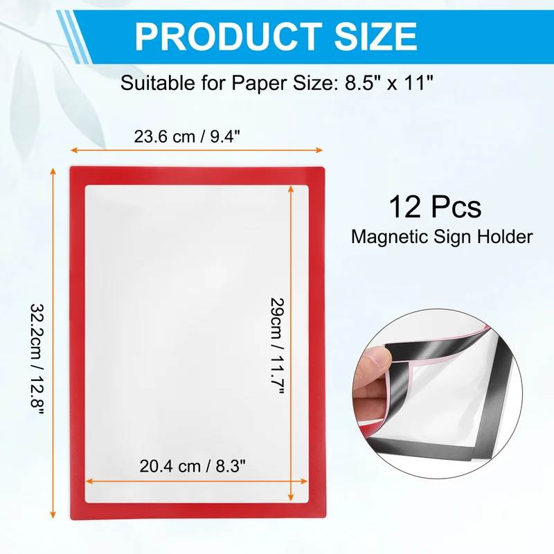 12Pcs 8.5 x 11 Inch Magnetic Sign Holder Self-Adhesive Border Wall Mount Red