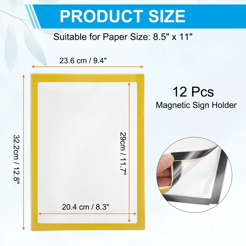12Pcs 8.5 x 11 Inch Magnetic Sign Holder Self-Adhesive Border Wall Mount Yellow