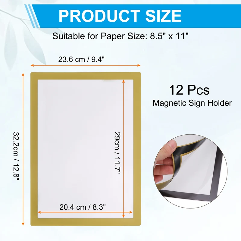 12Pcs 8.5 x 11 Inch Magnetic Sign Holder Self-Adhesive Border Wall Mount Gold