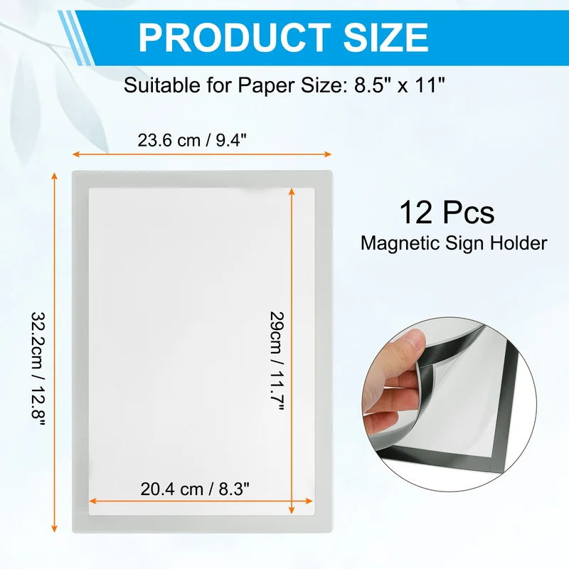 12Pcs 8.5 x 11 Inch Magnetic Sign Holder Self-Adhesive Border Wall Mount Silver