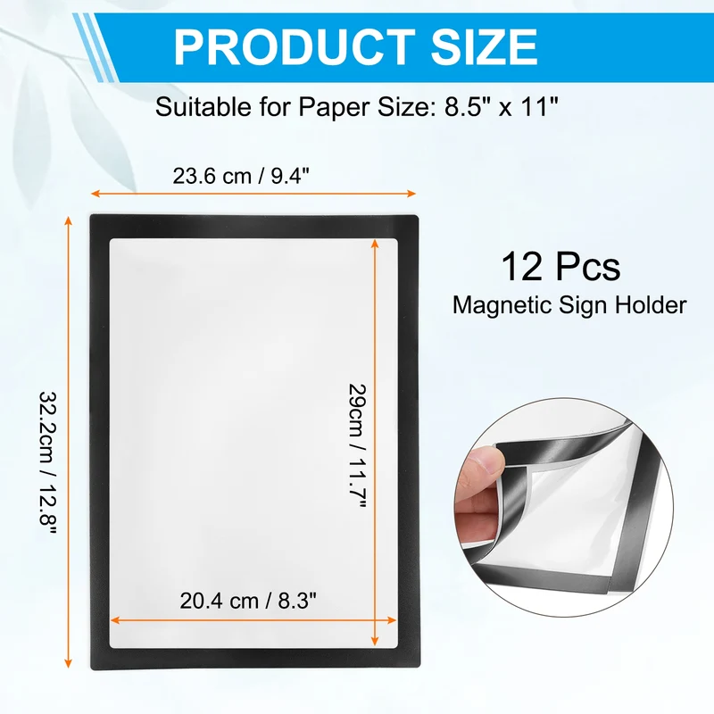 12Pcs 8.5 x 11 Inch Magnetic Sign Holder Self-Adhesive Border Wall Mount Black