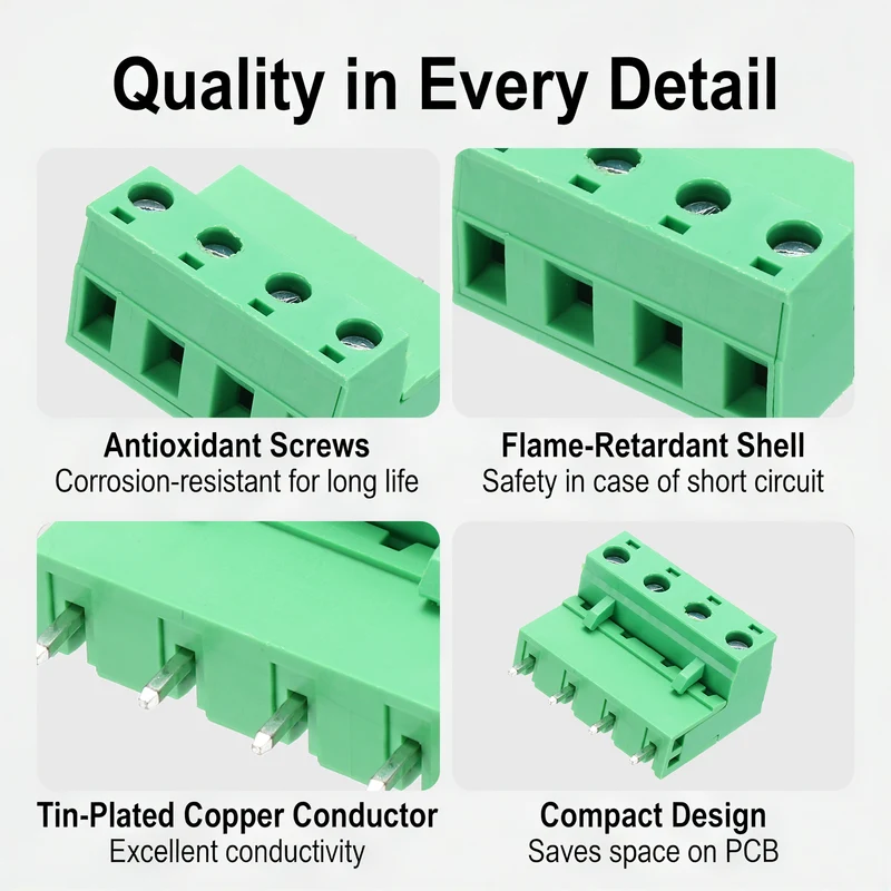 10Sets 4Pin 7.62mm Pitch Screw Terminal Block Connector, Open‑end Straight Pin