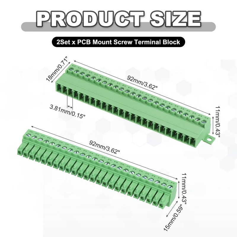 2Sets 24Pin 3.81mm Pitch Screw Terminal Block Connector Pluggable 300V 8A Green