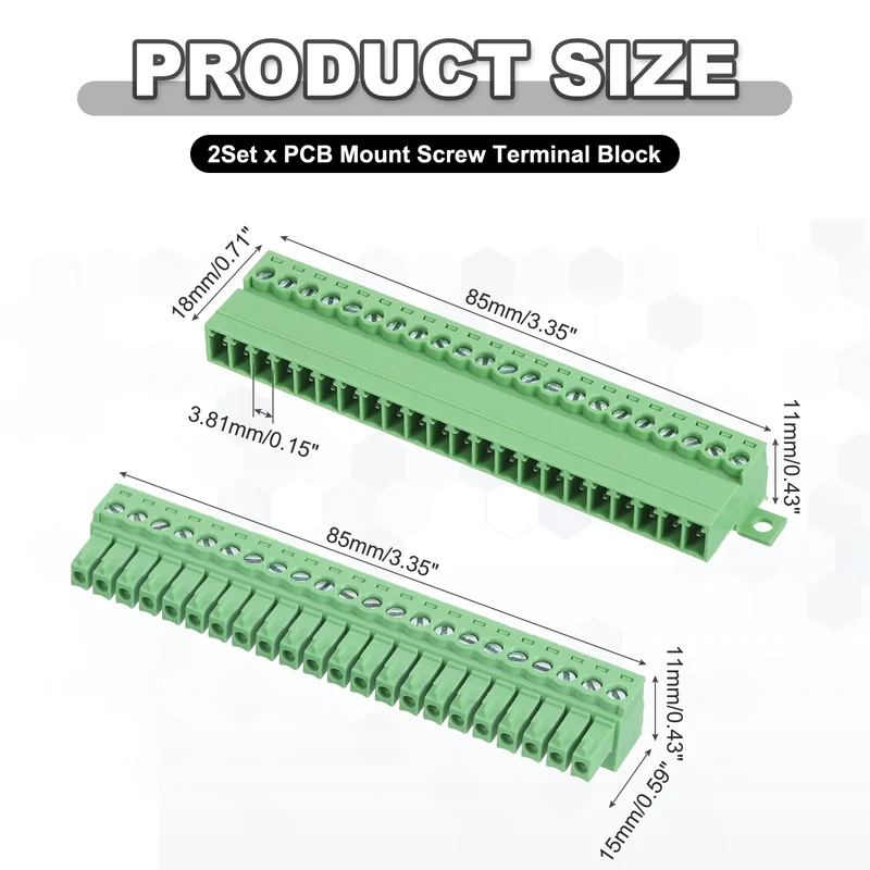 2Sets 22Pin 3.81mm Pitch Screw Terminal Block Connector Pluggable 300V 8A Green