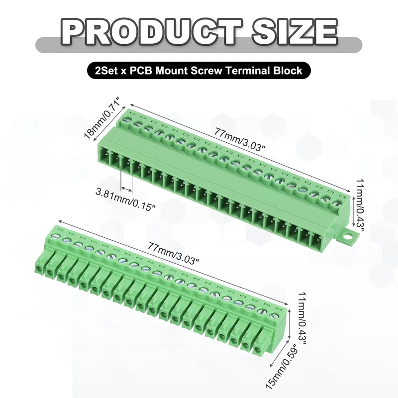 2Sets 20Pin 3.81mm Pitch Screw Terminal Block Connector Pluggable 300V 8A Green