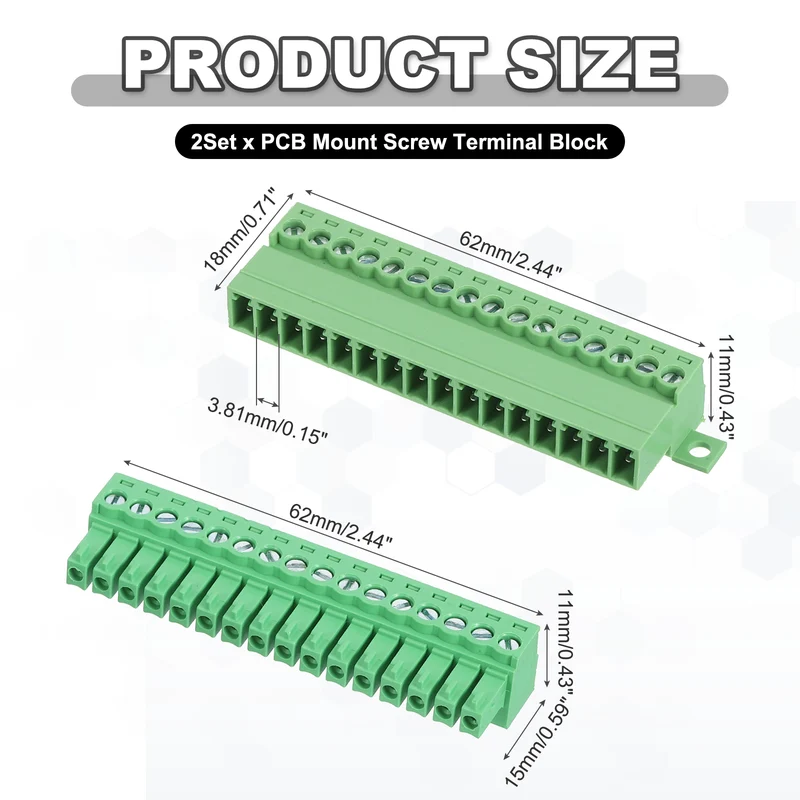 2Sets 16Pin 3.81mm Pitch Screw Terminal Block Connector Pluggable 300V 8A Green
