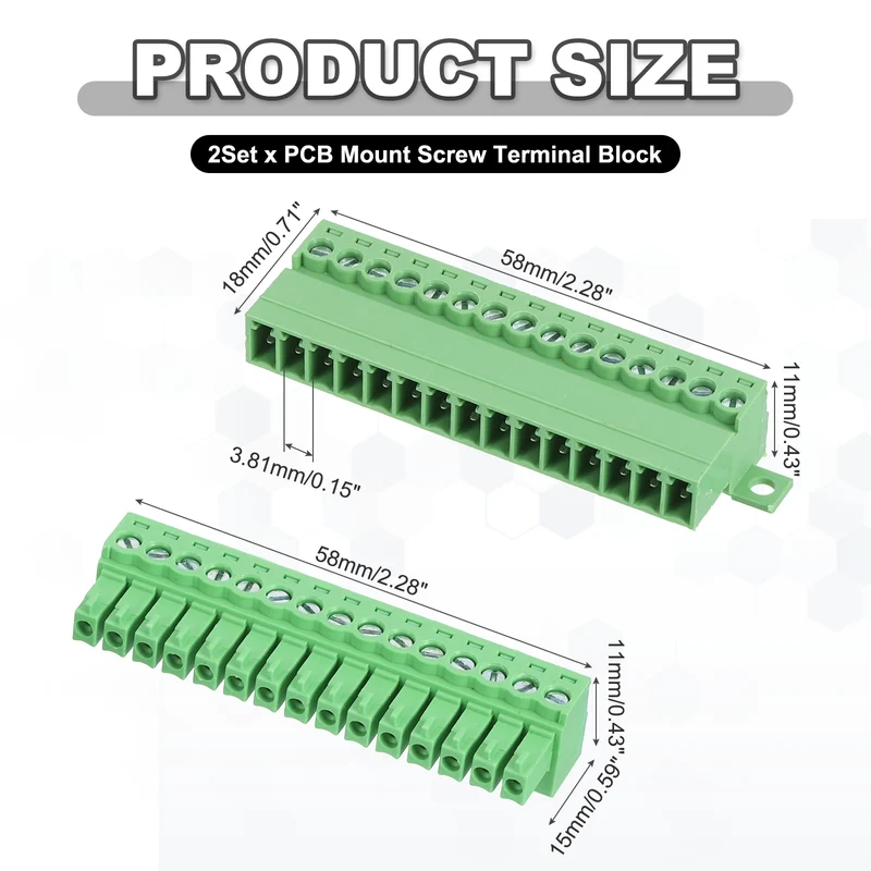 2Sets 15Pin 3.81mm Pitch Screw Terminal Block Connector Pluggable 300V 8A Green