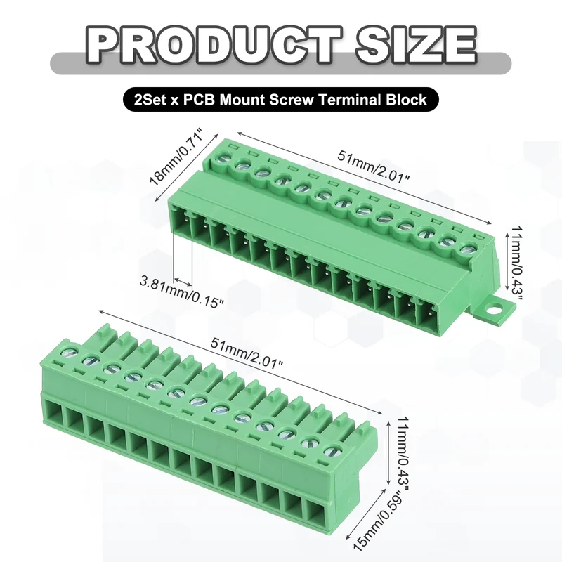 2Sets 13Pin 3.81mm Pitch Screw Terminal Block Connector Pluggable 300V 8A Green