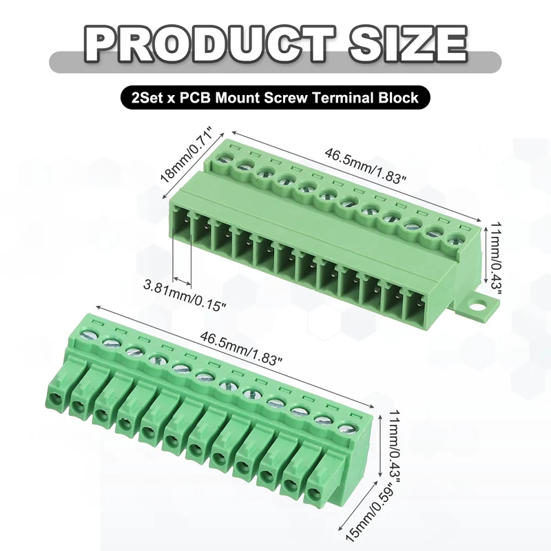 2Sets 12Pin 3.81mm Pitch Screw Terminal Block Connector Pluggable 300V 8A Green