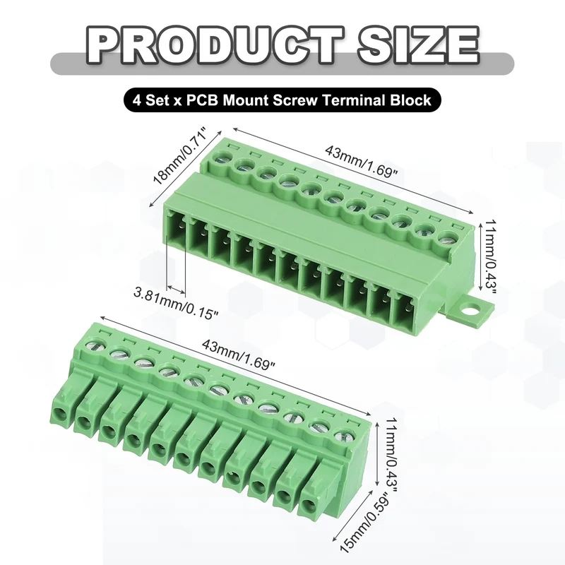 4Sets 11Pin 3.81mm Pitch Screw Terminal Block Connector Pluggable 300V 8A Green