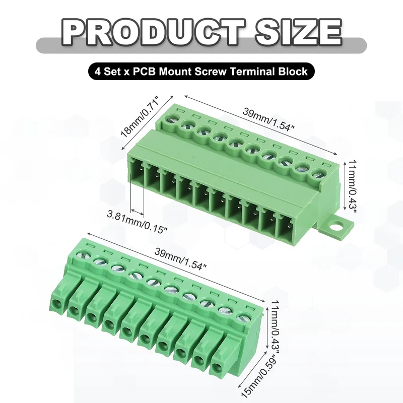 4Sets 10Pin 3.81mm Pitch Screw Terminal Block Connector Pluggable 300V 8A Green
