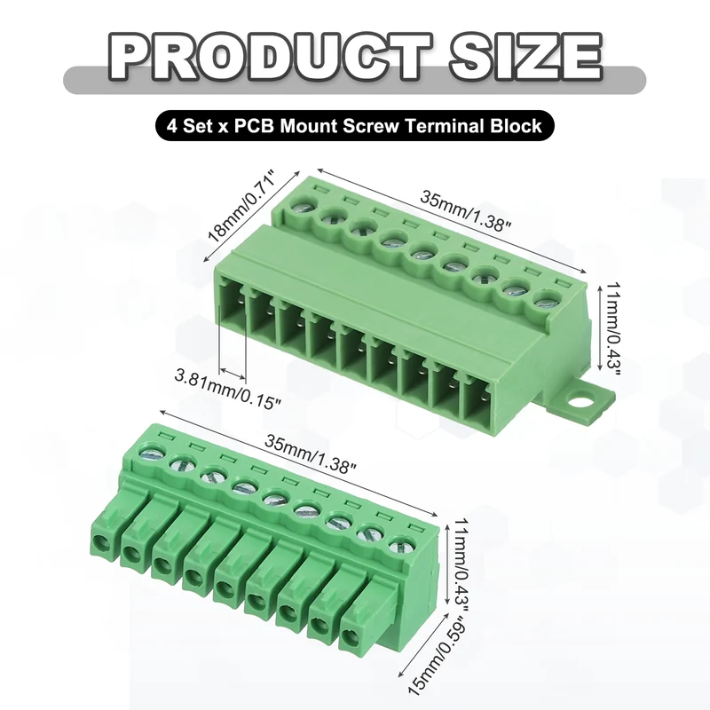 4Sets 9Pin 3.81mm Pitch Screw Terminal Block Connector Pluggable 300V 8A Green