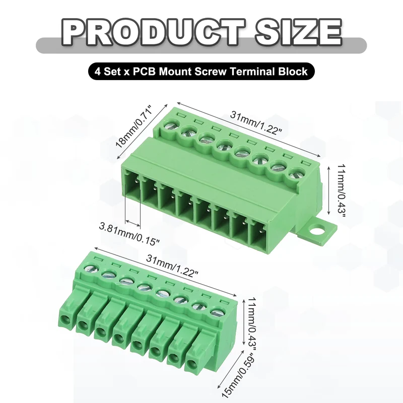4Sets 8Pin 3.81mm Pitch Screw Terminal Block Connector Pluggable 300V 8A Green