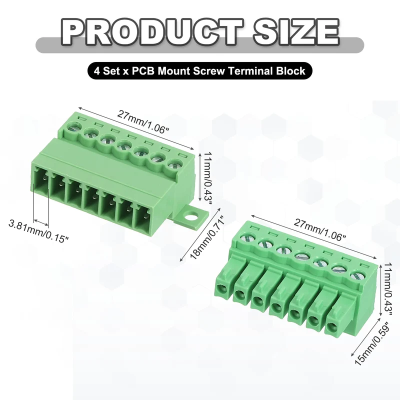 4Sets 7Pin 3.81mm Pitch Screw Terminal Block Connector Pluggable 300V 8A Green