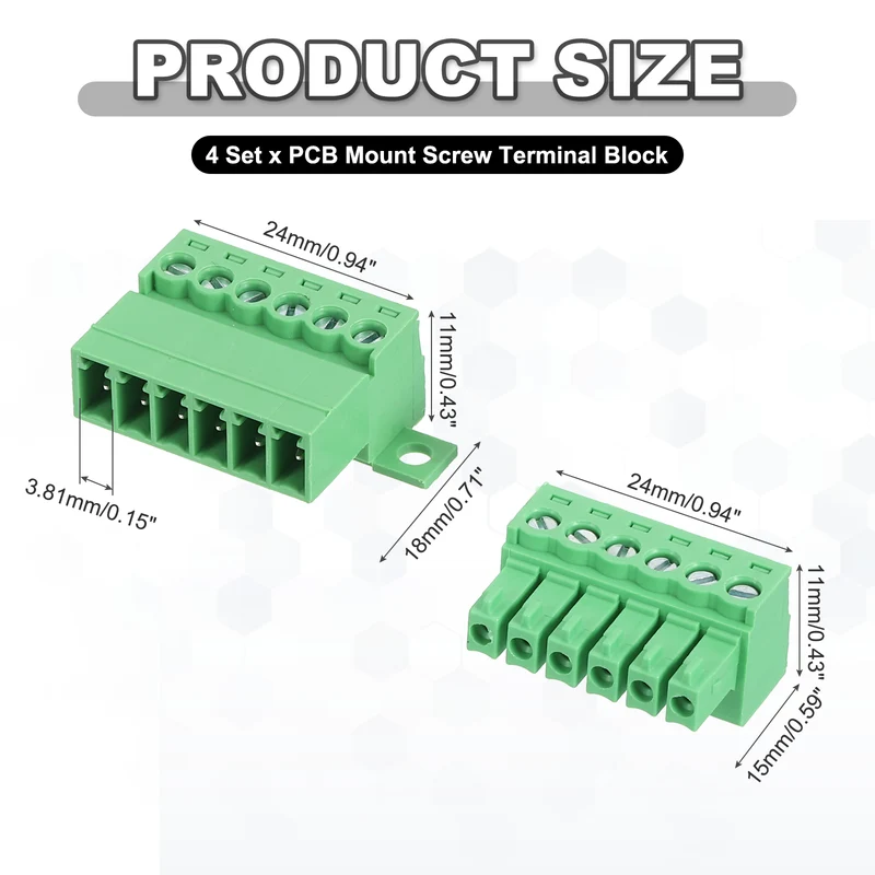 4Sets 6Pin 3.81mm Pitch Screw Terminal Block Connector Pluggable 300V 8A Green
