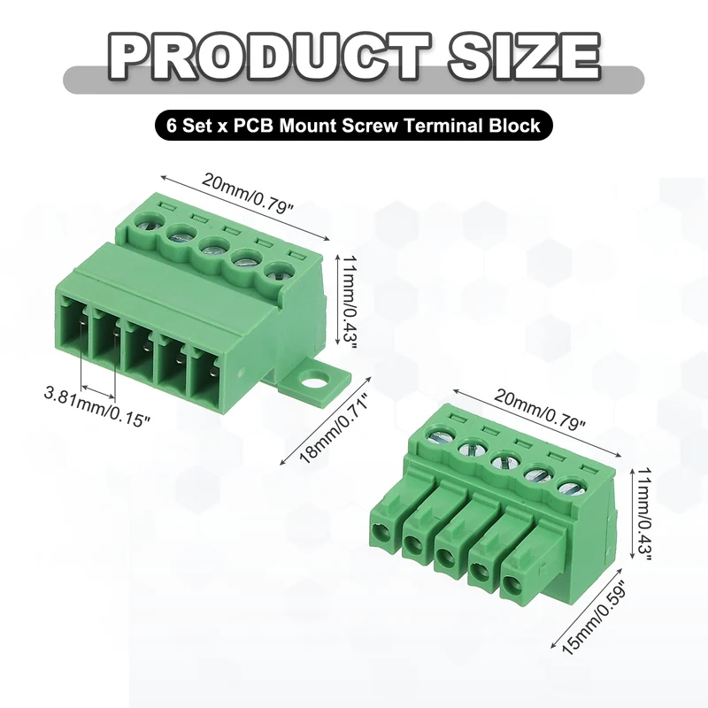 6Sets 5Pin 3.81mm Pitch Screw Terminal Block Connector Pluggable 300V 8A Green