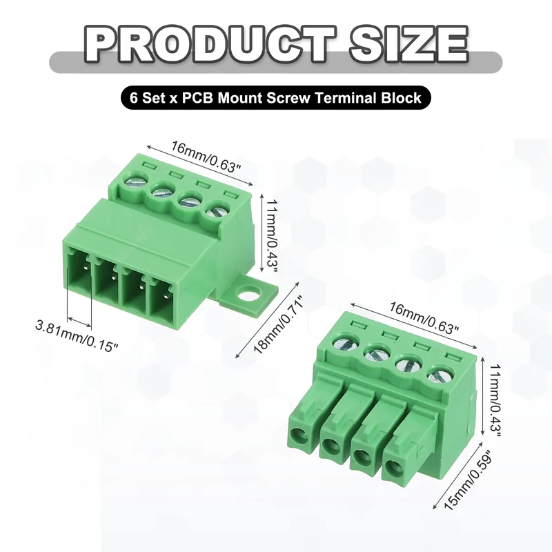 6Sets 4Pin 3.81mm Pitch Screw Terminal Block Connector Pluggable 300V 8A Green