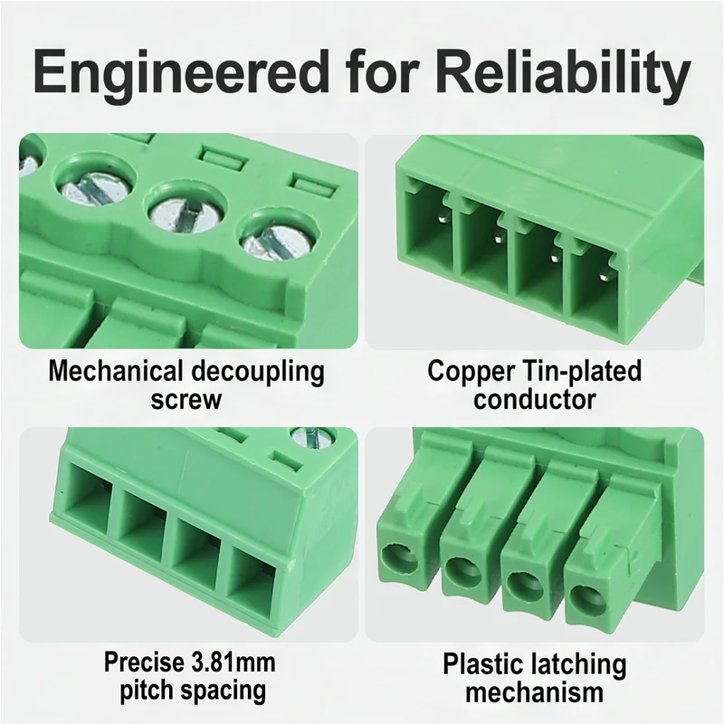6Sets 4Pin 3.81mm Pitch Screw Terminal Block Connector Pluggable 300V 8A Green