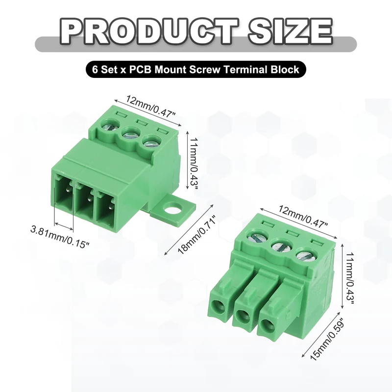 6Sets 3Pin 3.81mm Pitch Screw Terminal Block Connector Pluggable 300V 8A Green