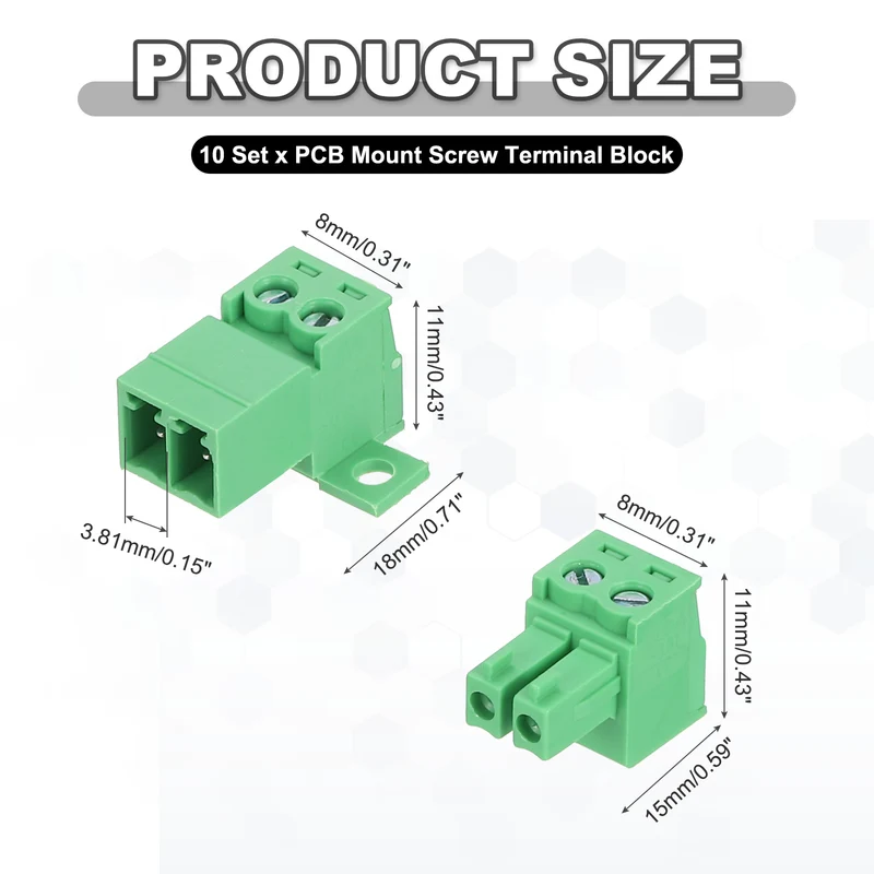10Sets 2Pin 3.81mm Pitch Screw Terminal Block Connector Pluggable 300V 8A Green