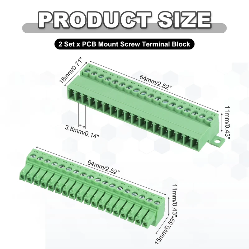 2Sets 18Pin 3.5mm Pitch Screw Terminal Block Connector Pluggable 300V 8A Green
