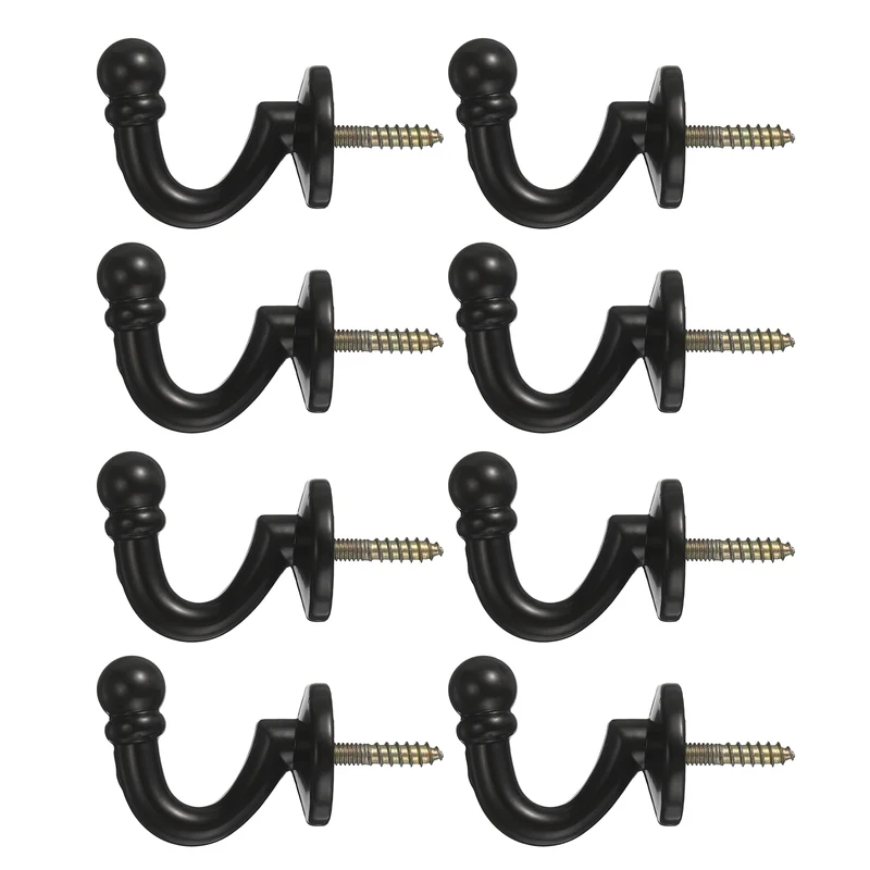 8Pcs Curtain Holdbacks Zinc Alloy Wall Mounted Curtain Tieback Hook, Black
