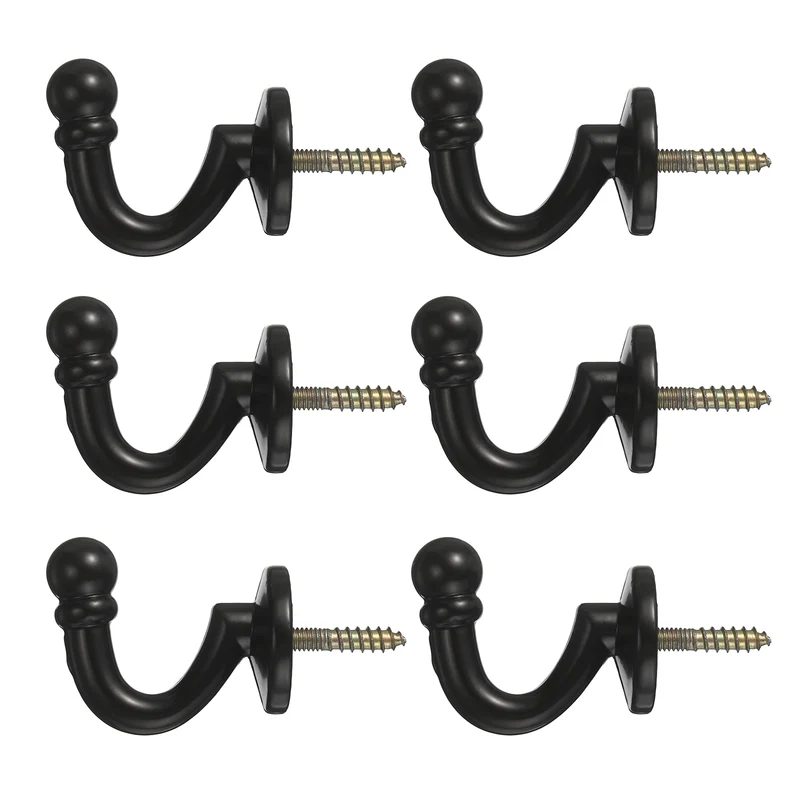 6Pcs Curtain Holdbacks Zinc Alloy Wall Mounted Curtain Tieback Hook, Black