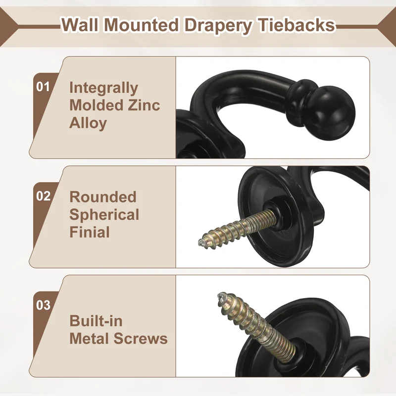 6Pcs Curtain Holdbacks Zinc Alloy Wall Mounted Curtain Tieback Hook, Black