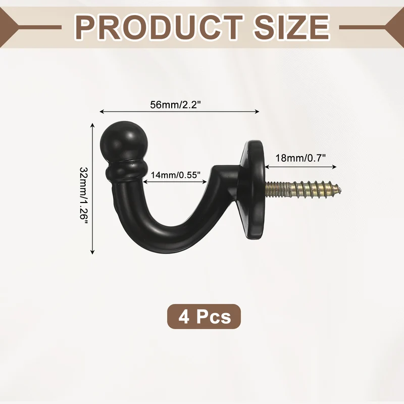 4Pcs Curtain Holdbacks Zinc Alloy Wall Mounted Curtain Tieback Hook, Black