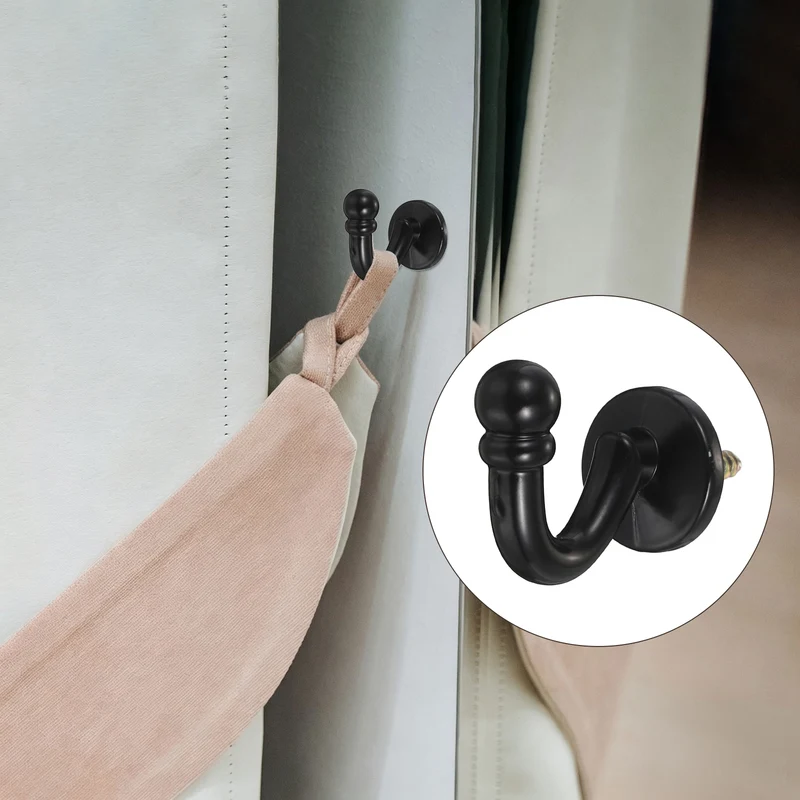 4Pcs Curtain Holdbacks Zinc Alloy Wall Mounted Curtain Tieback Hook, Black