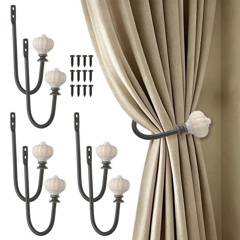 6pcs Wall Mounted Drapery Tieback Pumpkin Shaped Window Curtain Holder, Black