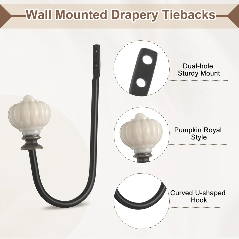 6pcs Wall Mounted Drapery Tieback Pumpkin Shaped Window Curtain Holder, Black