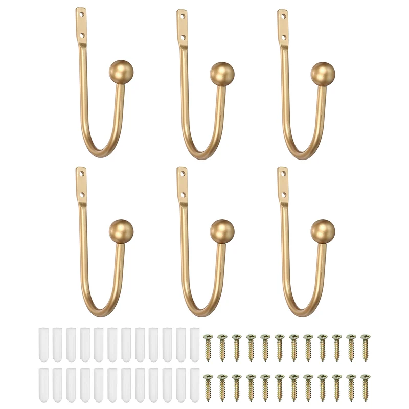 6Pcs Curtain Holdbacks Wall Mounted Curtain Hooks for Drapes, Dark Gold (95 Mm)