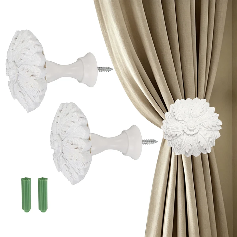2Pcs Curtain Holdbacks Leaf Window Drapery Medallion Holdbacks, White