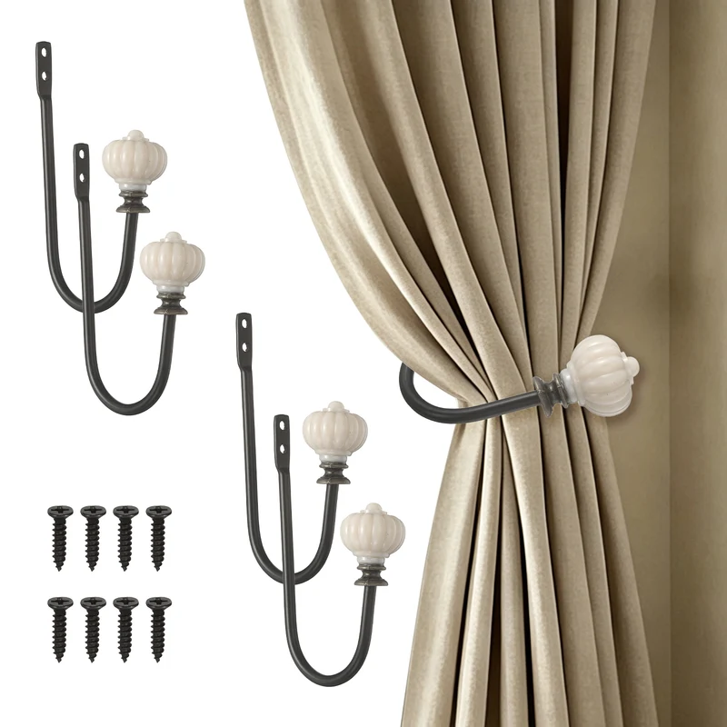 4pcs Wall Mounted Drapery Tieback Pumpkin Shaped Window Curtain Holder, Black