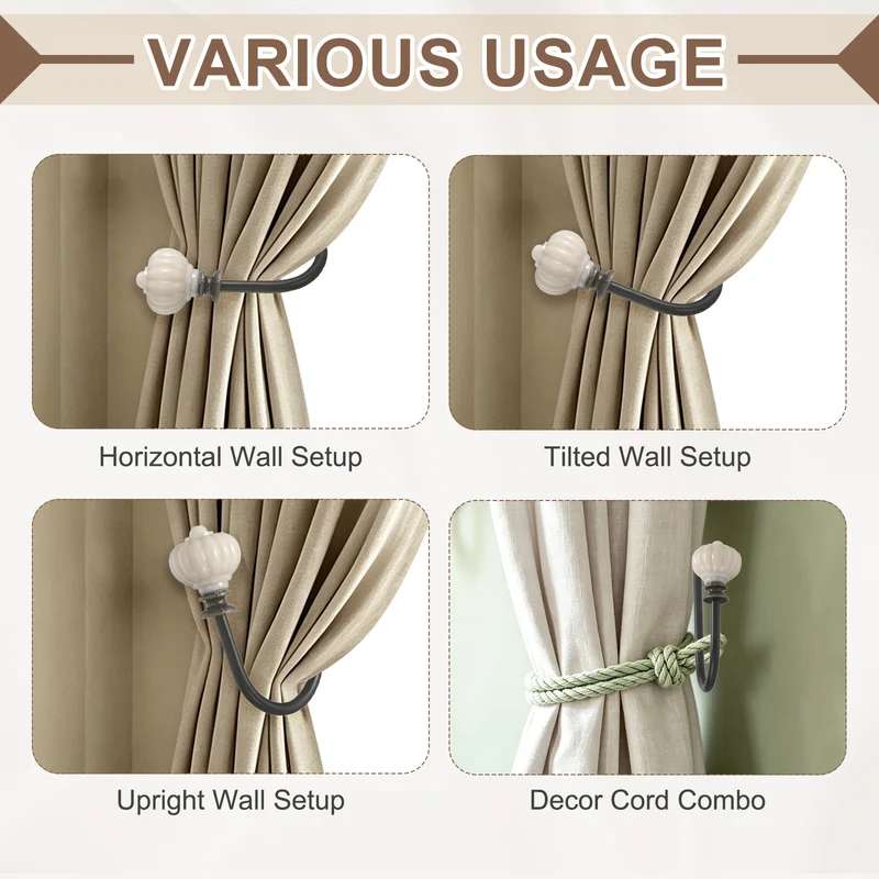 4pcs Wall Mounted Drapery Tieback Pumpkin Shaped Window Curtain Holder, Black