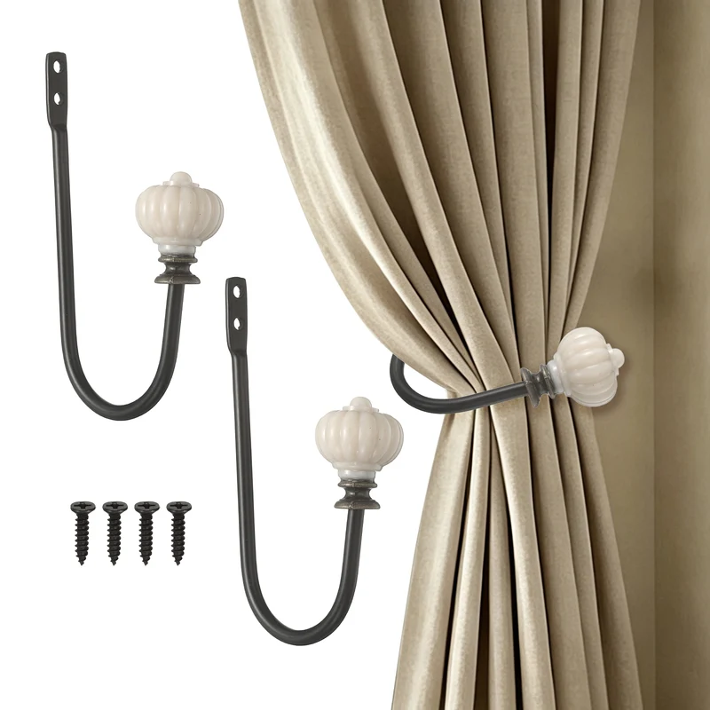 2pcs Wall Mounted Drapery Tieback Pumpkin Shaped Window Curtain Holder, Black