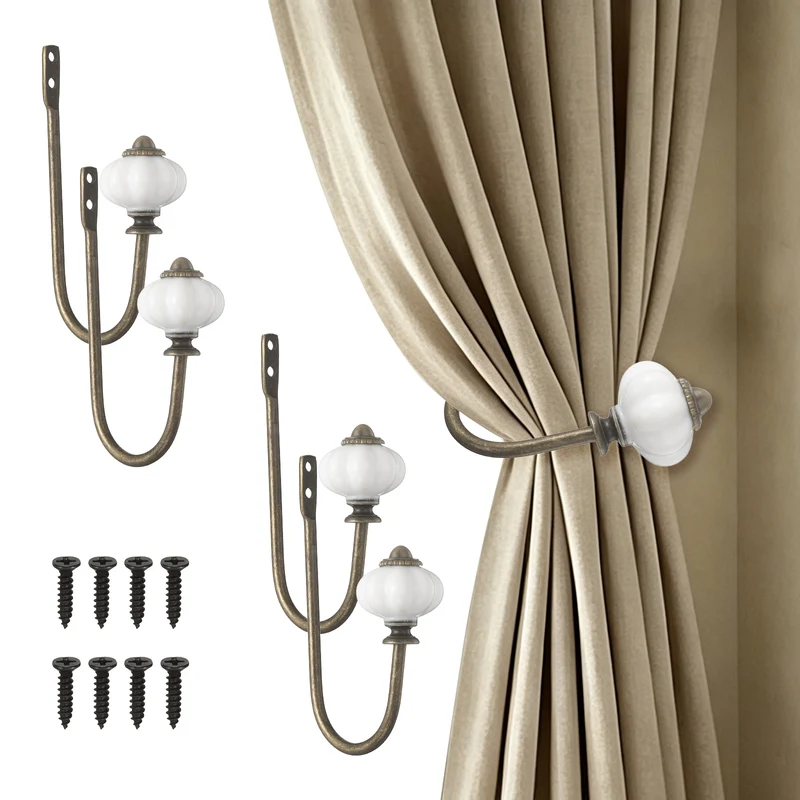 4pcs Wall Mounted Drapery Tiebacks Pumpkin Shaped Window Curtain Holder, Bronze