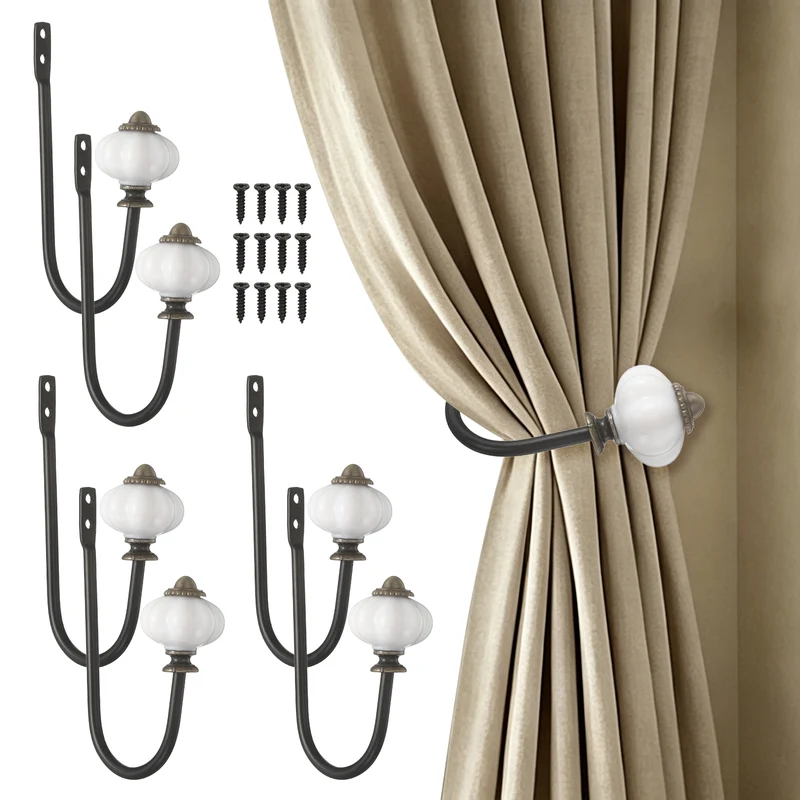 6pcs Wall Mounted Drapery Tiebacks Pumpkin Shaped Window Curtain Holder, Black