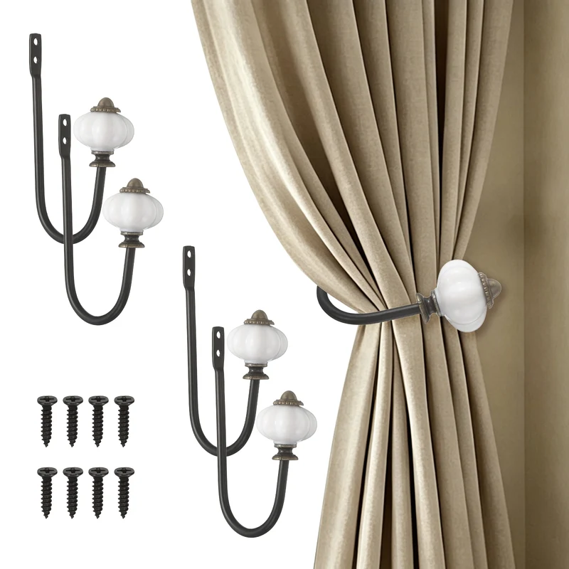 4pcs Wall Mounted Drapery Tiebacks Pumpkin Shaped Window Curtain Holder, Black