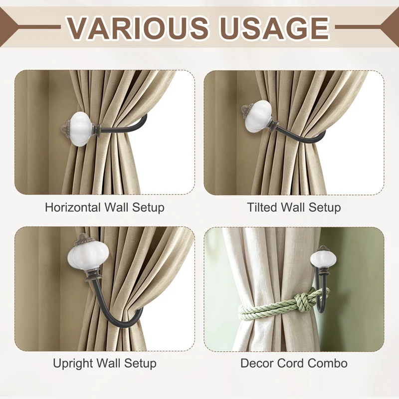 4pcs Wall Mounted Drapery Tiebacks Pumpkin Shaped Window Curtain Holder, Black