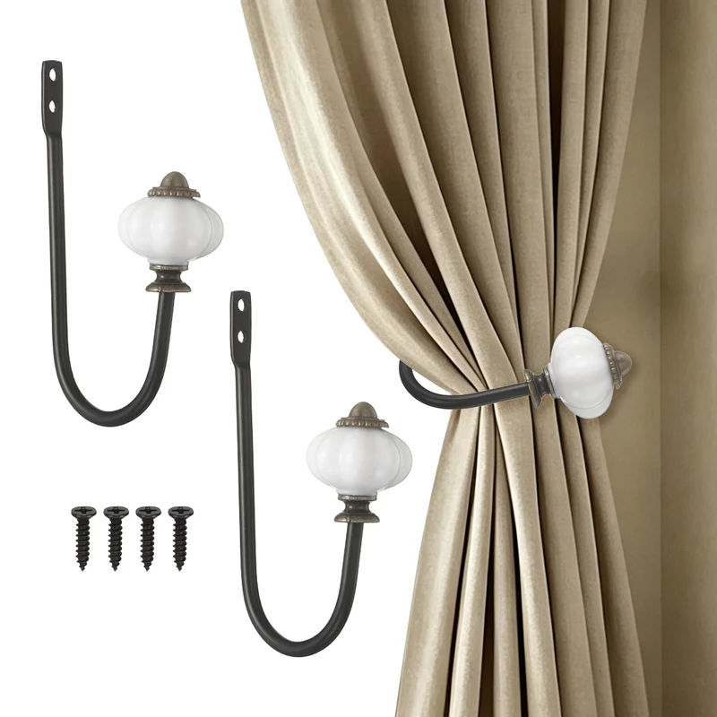 2pcs Wall Mounted Drapery Tiebacks Pumpkin Shaped Window Curtain Holder, Black