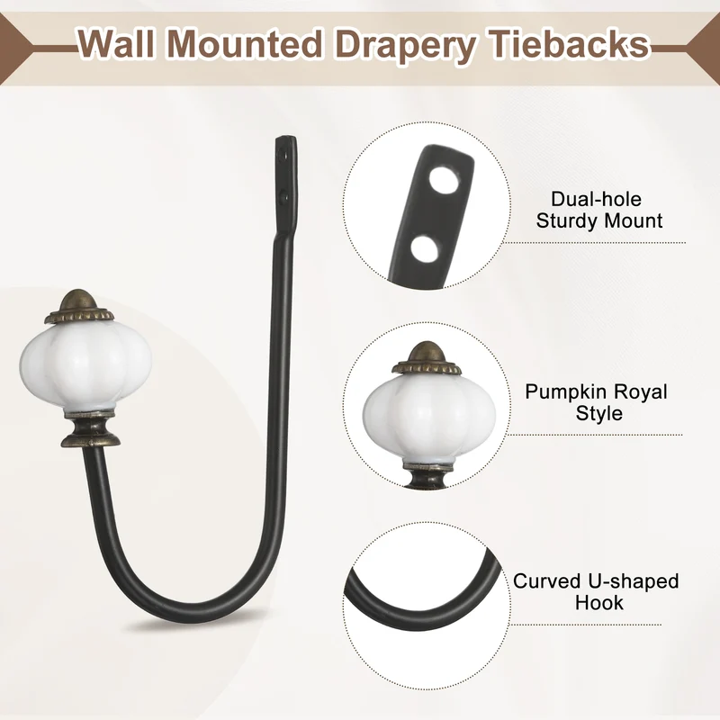 2pcs Wall Mounted Drapery Tiebacks Pumpkin Shaped Window Curtain Holder, Black