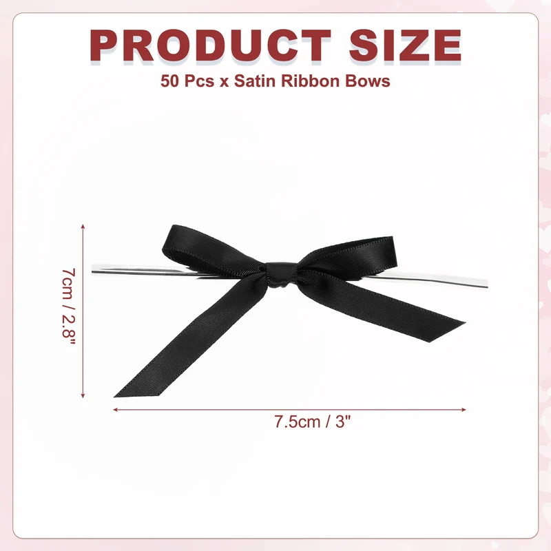 3" Satin Ribbon Bow, 50 Pcs Twist Tie Bows for DIY Party Craft Gift, Black