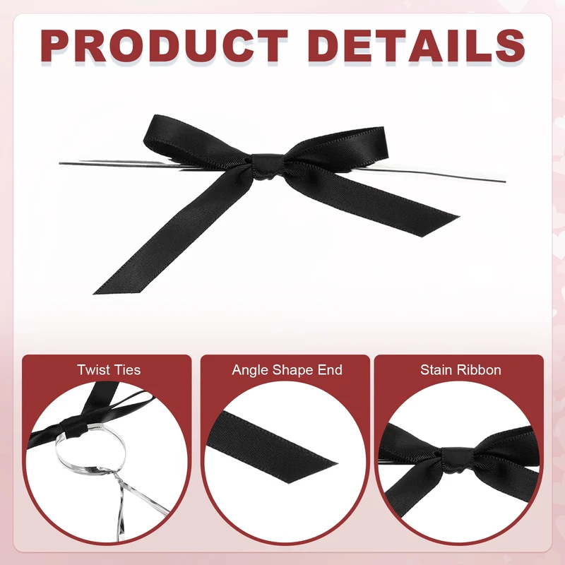 3" Satin Ribbon Bow, 50 Pcs Twist Tie Bows for DIY Party Craft Gift, Black